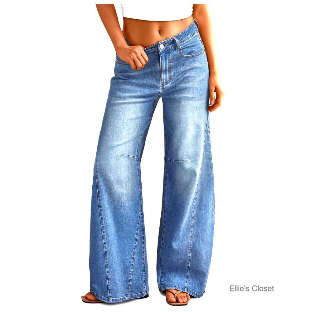 High Waisted Wide Leg Barrel Jeans Stretch Denim Pants